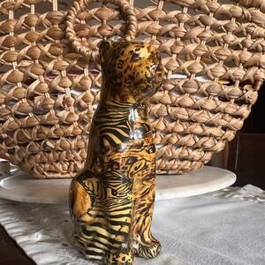La Vie Leopard Cheetah Patchwork Quilt Paper Mache Figurine Ceramic 8" Safari